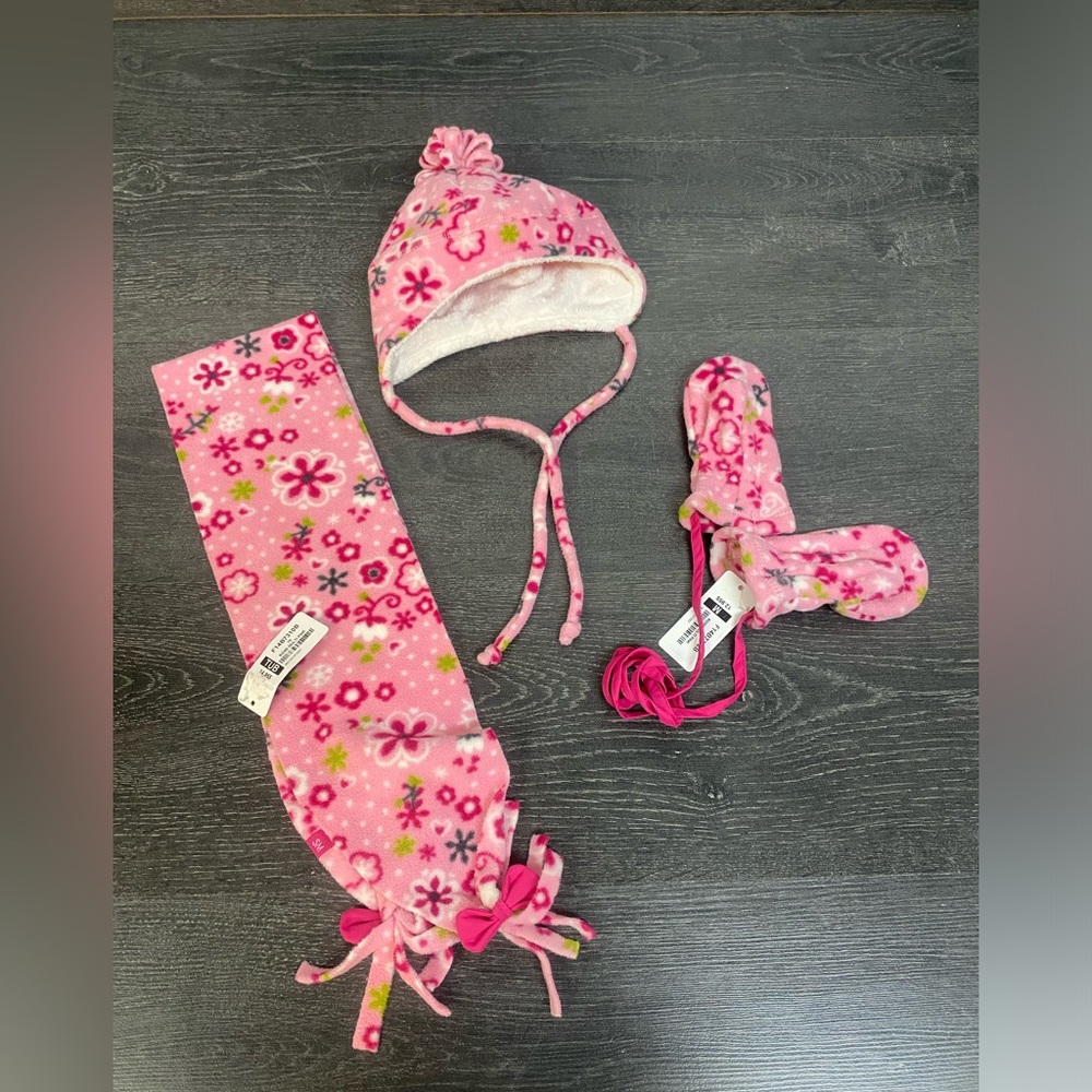 Pink Floral Kids Winter Hat Set